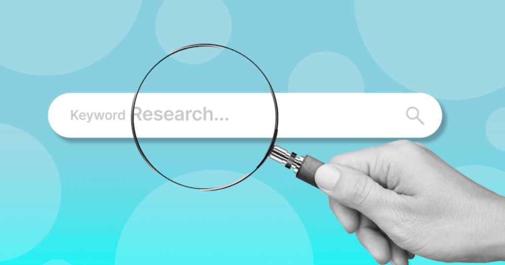 A hand holding a magnifying glass over a search bar displaying the words "Keyword Research" on a blue background with circular patterns.