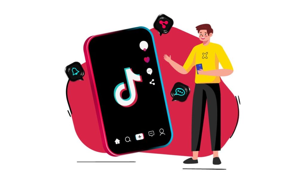 Illustration of a man standing next to a large smartphone screen displaying the TikTok logo, surrounded by icons for likes, comments, and sharing, representing TikTok ads and engagement.