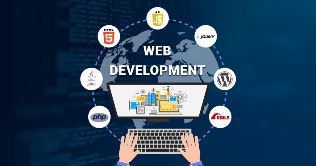 Illustration of web development concept showing a computer screen surrounded by icons for HTML5, JavaScript, jQuery, WordPress, Ruby on Rails, PHP, and Java, with hands typing on a keyboard below and the text "Web Development" in the center.
