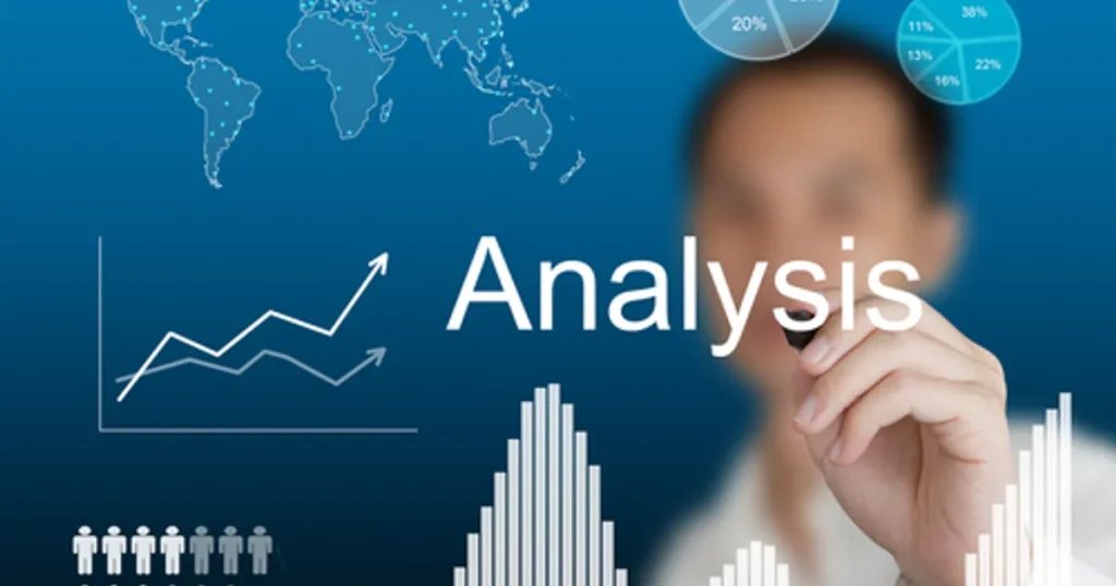 Person writing the word 'Analysis' on a virtual screen with data visualizations, charts, and a world map in the background.