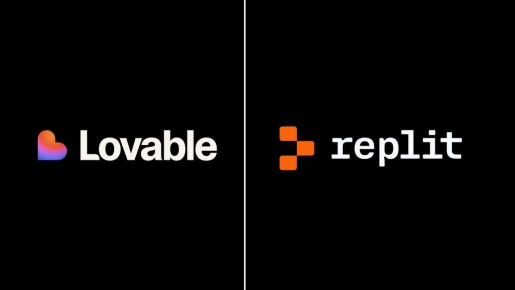 Logos of two AI-powered development tools, Lovable and Replit, displayed side by side on a black background.