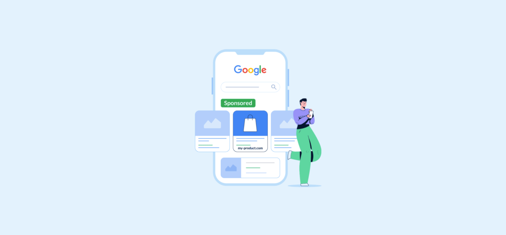 Illustration of a person using a mobile phone next to a sponsored Google search result, representing a Google Ads campaign guide.