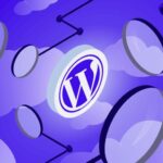 Illustration representing WordPress pros and cons, with magnifying glasses analyzing the WordPress logo in a cloud environment.