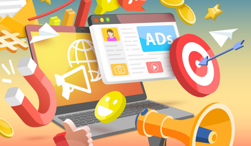 Colorful illustration showing digital marketing elements like ads, target, laptop, and social media icons, representing how to plan digital campaigns effectively.