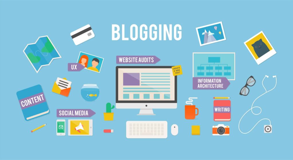 Illustration showing blogging and content creation elements including a computer screen, writing tools, social media icons, UX design, website audits, and content strategy on a blue background.