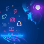 AI solutions concept illustration showing a futuristic AI profile interacting with social media icons like Facebook, Instagram, LinkedIn, and YouTube on a glowing digital interface.