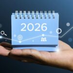 Small business marketing 2026 concept with calendar showing 2026 and digital marketing icons representing growth and strategy.