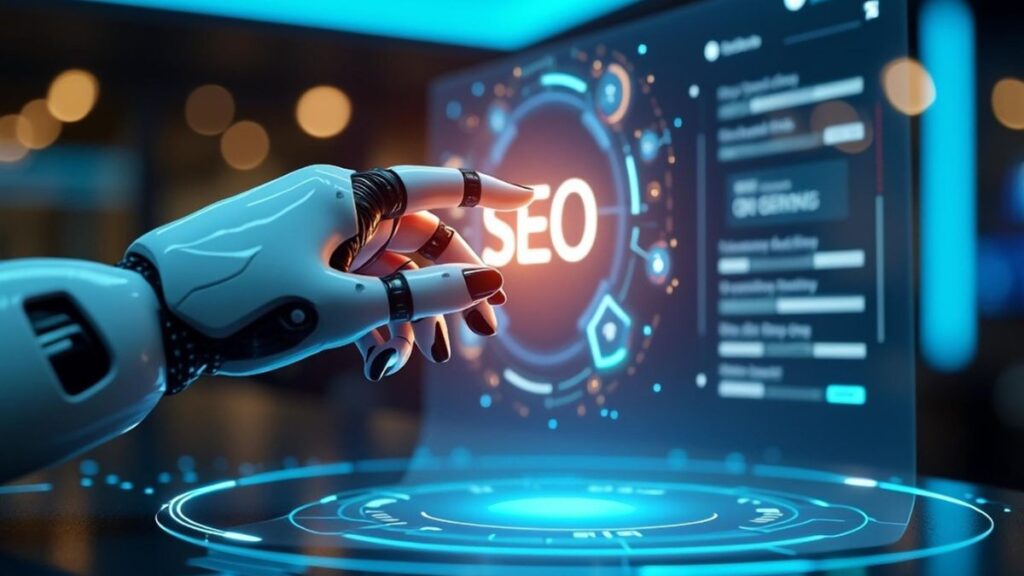 AI SEO trends concept with robotic hand interacting with digital SEO interface and analytics dashboard.