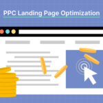 Illustration of PPC landing page optimization showing a website layout with a call-to-action button, cursor click, and coins representing conversions and revenue.