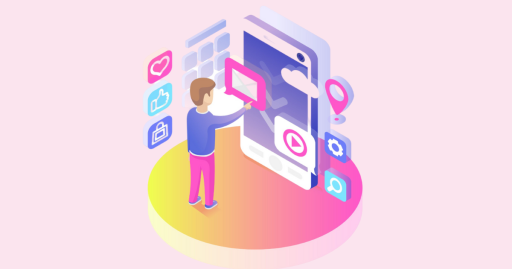 Illustration of online presence with a person using a smartphone and social media icons for digital marketing and engagement.