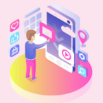 Illustration of online presence with a person using a smartphone and social media icons for digital marketing and engagement.