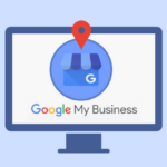 Google My Business illustration showing a business profile on a computer screen with icons for reviews, maps, online presence, and customer visibility across devices.