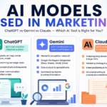 Illustrated comparison of AI models used in marketing, featuring ChatGPT, Gemini, and Claude with their strengths in content creation, research, SEO, data analysis, and strategic planning.