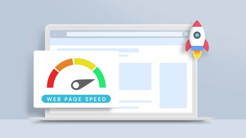 Illustration of a fast-loading website with a speed performance gauge and rocket icon, representing website speed optimization, SEO performance, and improved user experience for small businesses.