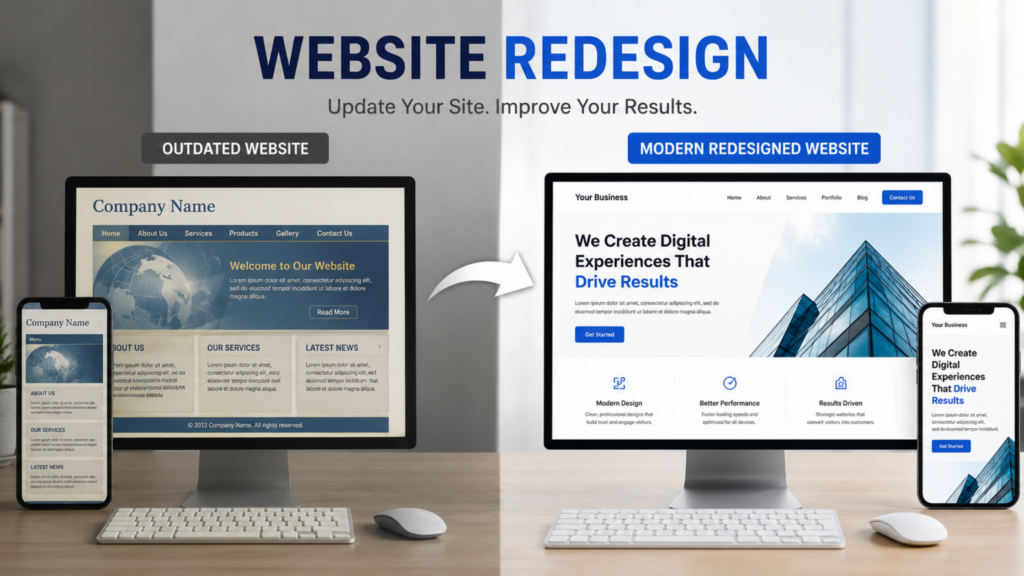 Website redesign comparison showing an outdated website transformed into a modern, responsive design with improved user experience, performance, and mobile optimisation.