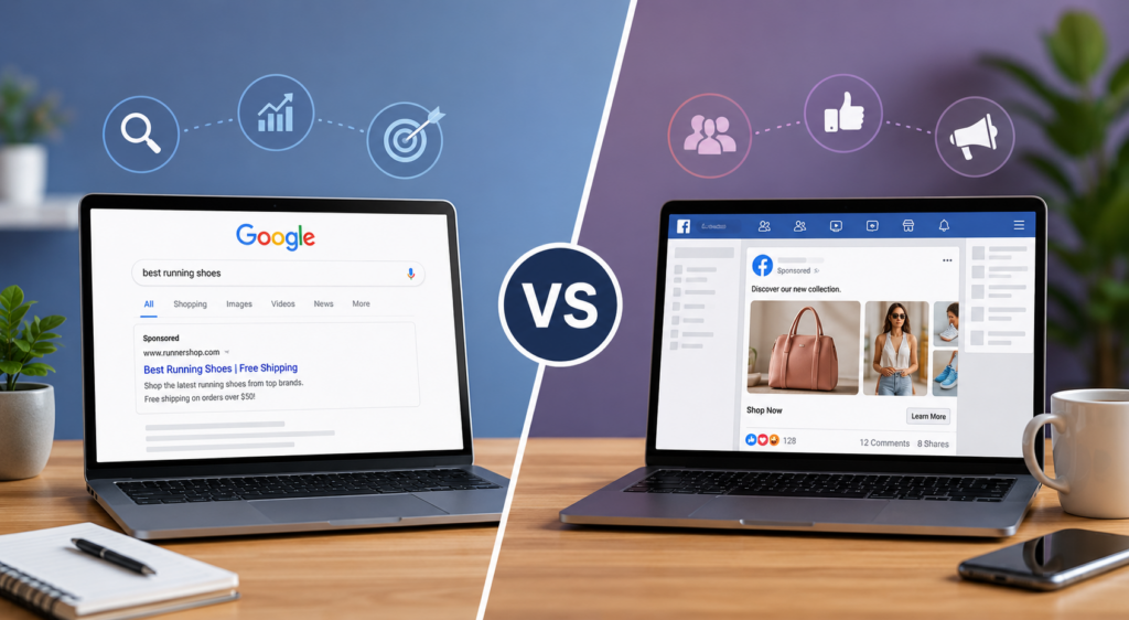 Google Ads vs Facebook Ads comparison illustrating the differences between search ads and social media ads for small businesses.