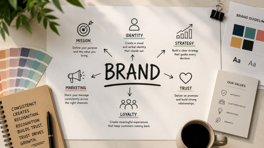 Brand marketing strategy flat lay with brand identity, colour palette, brand guidelines, and planning materials.