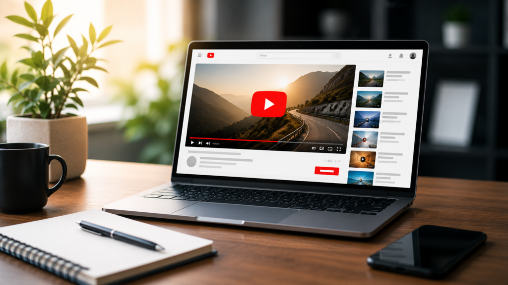 Modern workspace with a laptop displaying a YouTube channel, representing YouTube marketing strategies to drive website traffic and increase online visibility.