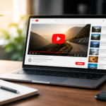 Modern workspace with a laptop displaying a YouTube channel, representing YouTube marketing strategies to drive website traffic and increase online visibility.