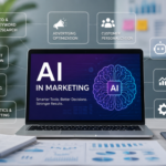 Modern workspace with AI-powered marketing tools, illustrating SEO, content creation, analytics, automation, and digital business growth.
