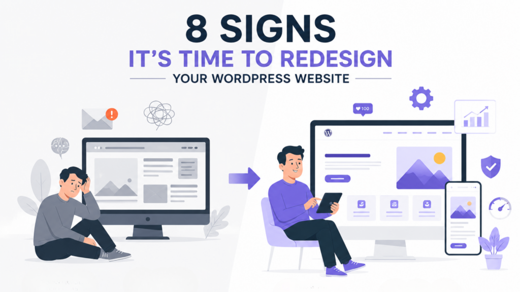 WordPress website redesign illustration comparing an outdated website with a modern, responsive design and improved performance.