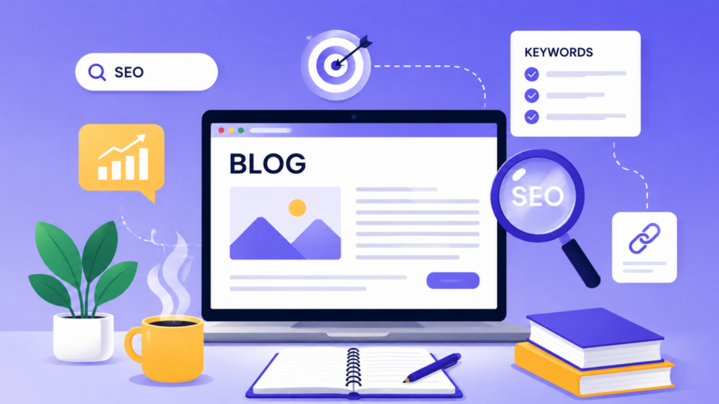 Blogging for SEO illustration showing website content, keyword research, analytics and search optimisation.
