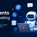 AI agents for marketing illustration showing an AI robot using a laptop with digital marketing, analytics and automation icons.