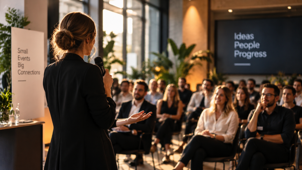 Event marketing for small businesses with a speaker presenting to an audience at a modern professional networking event.