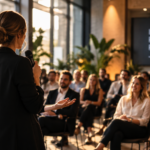 Event marketing for small businesses with a speaker presenting to an audience at a modern professional networking event.