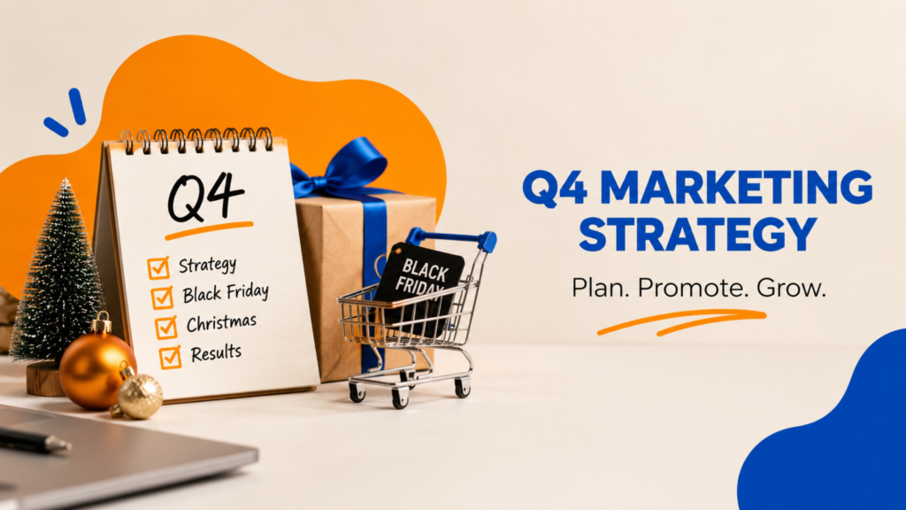 Q4 marketing strategy planning for Black Friday and Christmas promotions with calendar, shopping cart and festive decorations.
