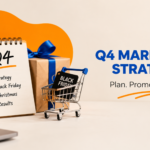 Q4 marketing strategy planning for Black Friday and Christmas promotions with calendar, shopping cart and festive decorations.