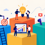 Small business marketing strategy illustration with digital marketing, analytics, content, social media and business growth.