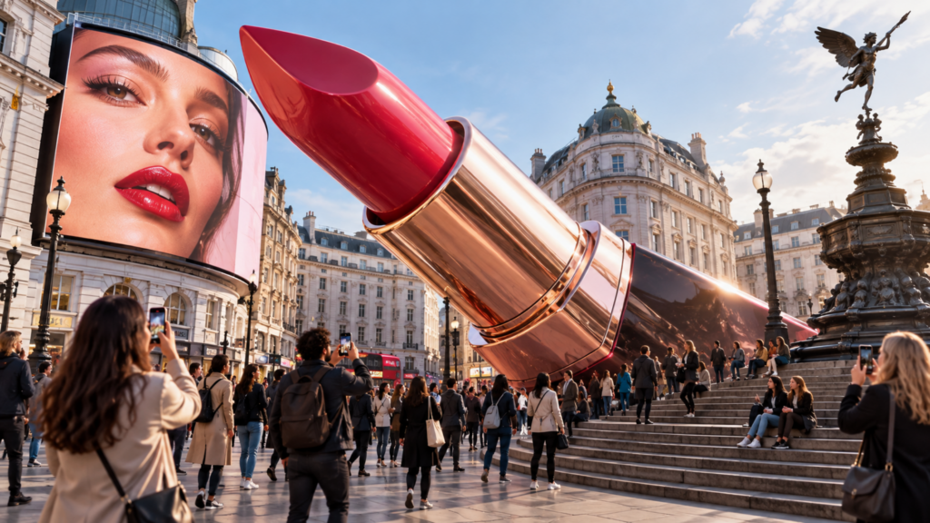 Giant CGI lipstick installation in a busy city square, attracting attention and showcasing the power of CGI advertising in digital marketing.
