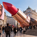 Giant CGI lipstick installation in a busy city square, attracting attention and showcasing the power of CGI advertising in digital marketing.