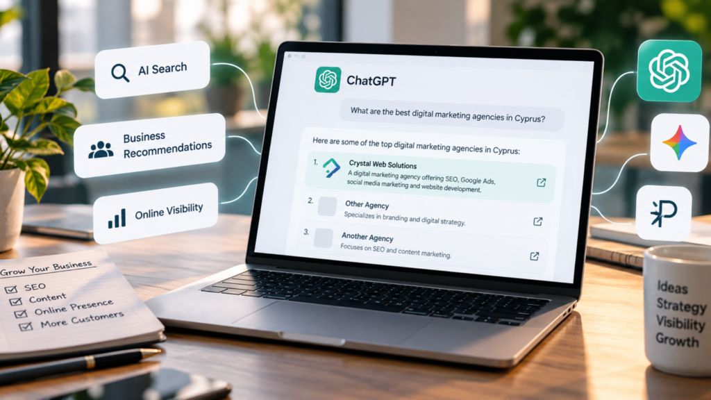 Laptop displaying ChatGPT business recommendations featuring Crystal Web Solutions, highlighting AI search, SEO, and online visibility for businesses.
