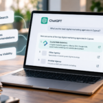 Laptop displaying ChatGPT business recommendations featuring Crystal Web Solutions, highlighting AI search, SEO, and online visibility for businesses.