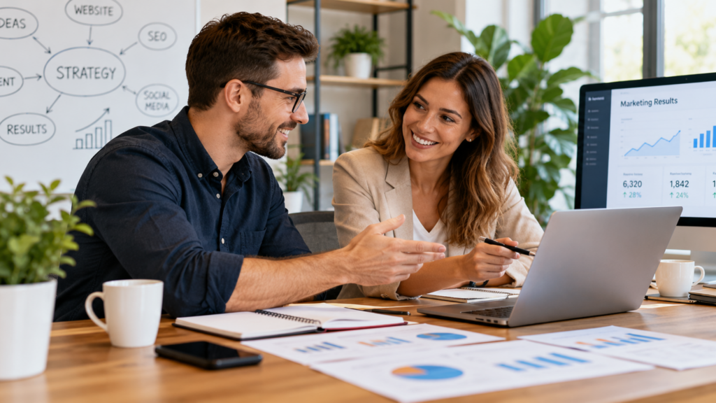 Successful client-agency relationship with marketing professionals collaborating on digital marketing strategy, campaign performance, and business growth.